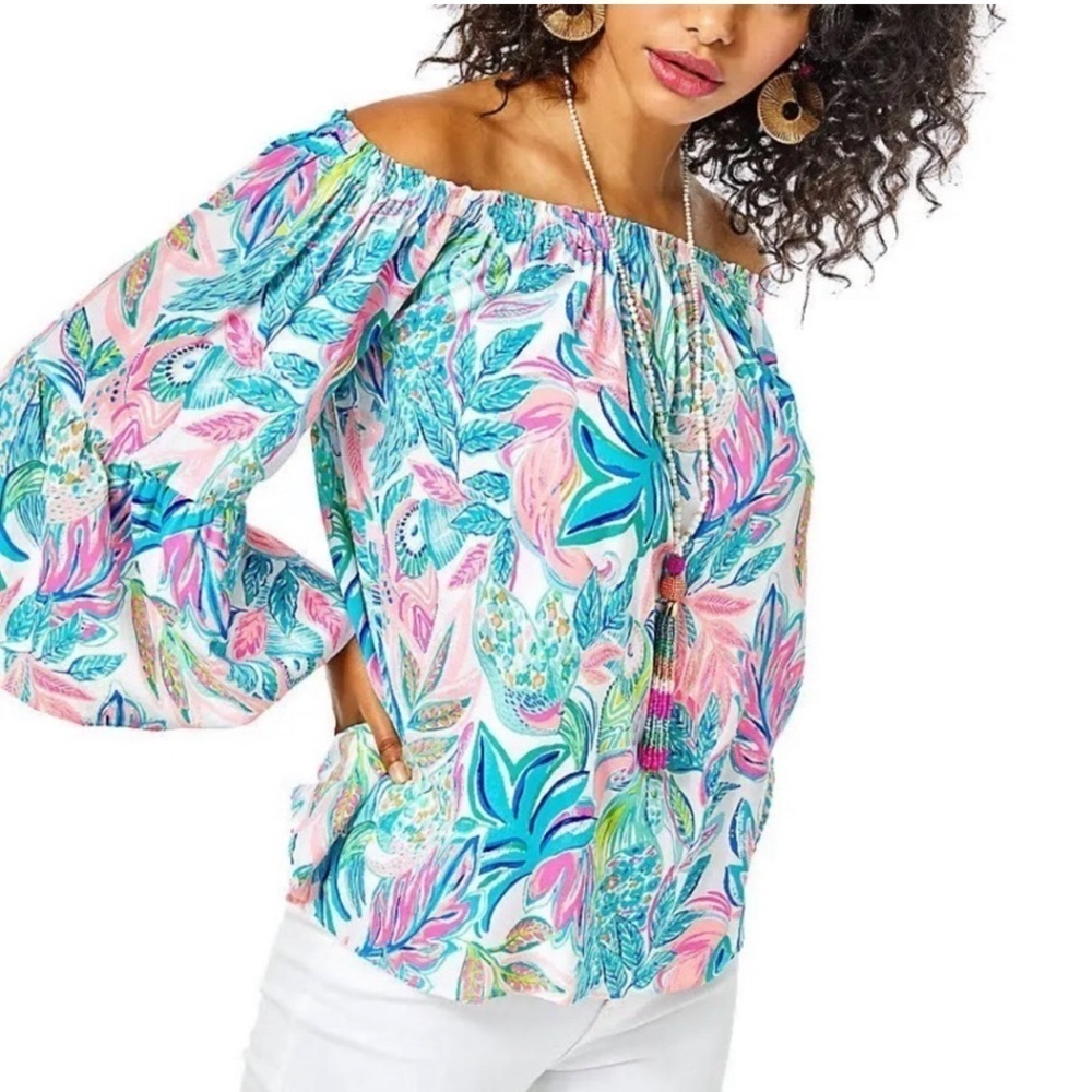 Lilly Pulitzer - Nevie Bright Colorful Palm Leaves Off The Shoulder Top Size XS